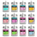 Twelve silver pouch packs of [SAMPLER 12] Black Tea Kombucha & Whole Milk Kefir by Craft & Culture - Kombucha, Kefir & Probiotics Singapore, arranged in a 3x4 grid with colorful labels.