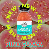 A bottle of Craft & Culture’s Seasonal Kombucha is centered on sliced pink guavas, with “NEW” circling the bottle and “PINK GUAVA” below—an exclusive treat for subscribers eager to try our latest seasonal ferments.