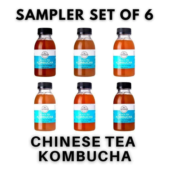 Image of six bottles with black caps and light blue labels, titled “Chinese Tea Kombucha Sampler 6” by Craft & Culture - Kombucha, Kefir & Probiotics Singapore, perfect for exploring unique flavors.