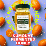 The [NEW] Fermented Honey Kumquats Gift Set by Craft & Culture - Kombucha, Kefir & Probiotics Singapore sits on a purple background with scattered kumquats, highlighting its tangy flavor and immune support benefits.